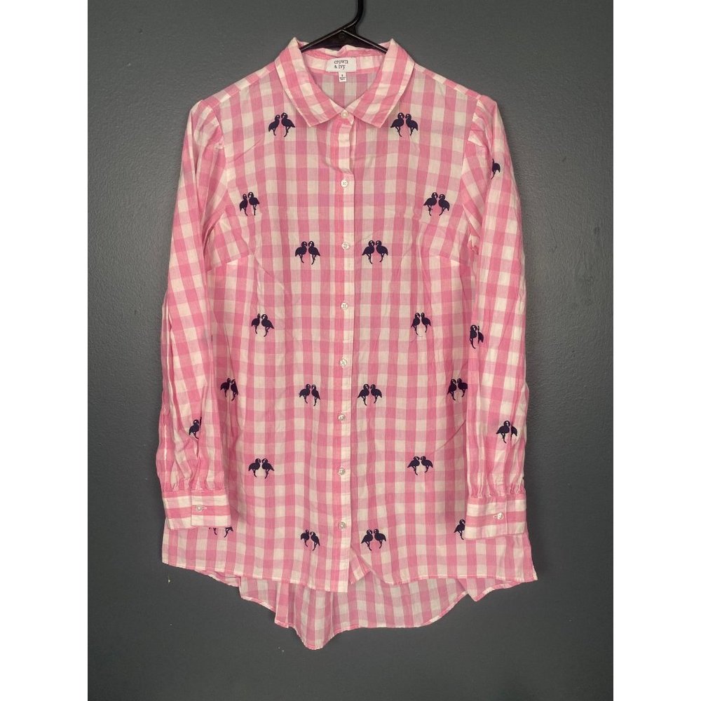 Crown & Ivy Pink Gingham Flamingo Embroidered